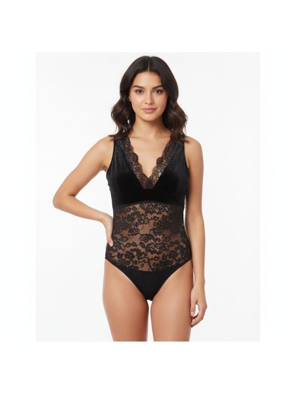 Oysho black velvet lace bodysuit size small